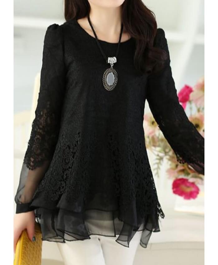 Long Sleeve Lace Panel Layered Black Blouse